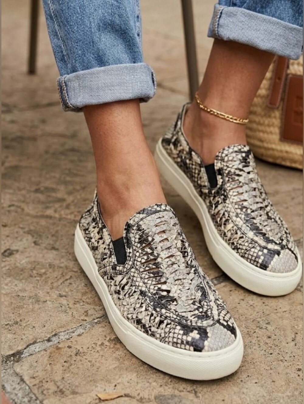 Tory Burch Woven Python Snakeskin Leather Slip On Sneakers Size 10M